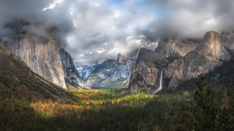 Tunnel View, Yosemite National Park, waterfall, usa, california, valley, clouds, HD wallpaper