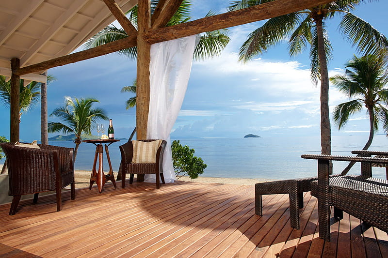 Beach Villa Fiji, polynesia, house, bungalow, interior, bonito, villa, sea, beach, lagoon, exotic, islands, view, ocean, paradise, island, tropical, fiji, HD wallpaper