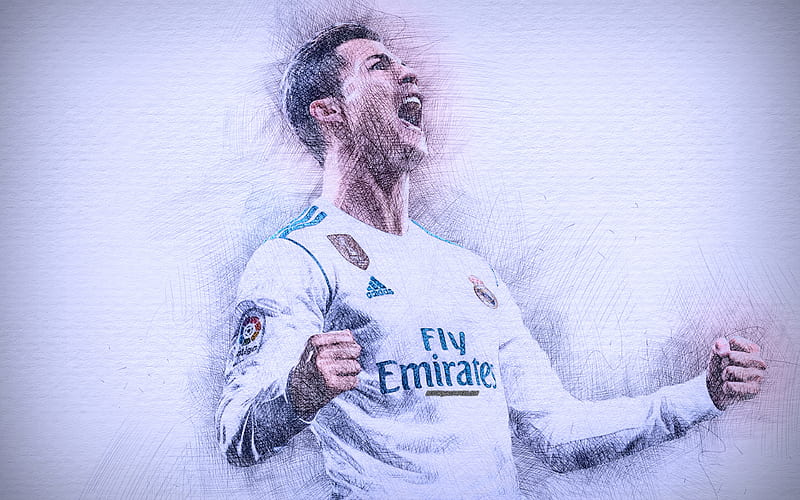 Cristiano Ronaldo artwork, football stars, Real Madrid, CR7, soccer, La Liga, Ronaldo, footballers, drawing Ronaldo, FC Real Madrid, HD wallpaper