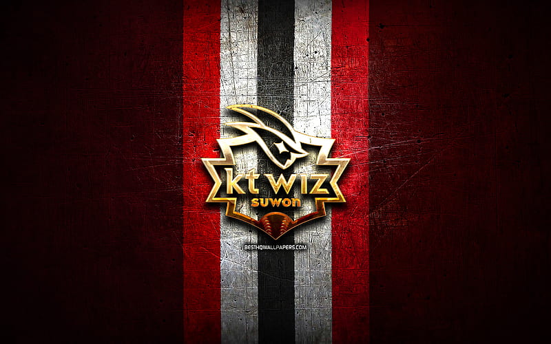 KT Wiz, golden logo, KBO, red metal background, south korean baseball team, KT Wiz logo, baseball, KT Wiz Suwon, South Korea, HD wallpaper