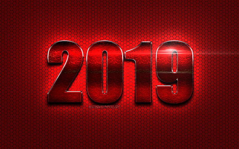 2019 red metal digits, red metal background, Happy New Year 2019, red digits, 2019 concepts, 2019 on red background, 2019 year digits, 2019 year, HD wallpaper