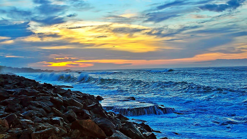wonderful seacoast sunset, rocks, sunset, waves, clouds, coast, sea, HD wallpaper