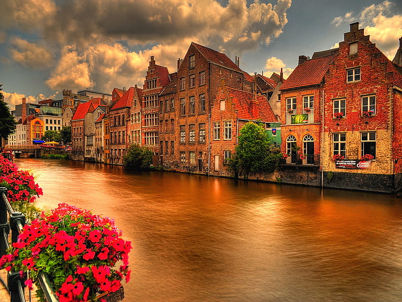 A town with many flowers, amazing, houses, town, bonito, sky, clouds, europe, water, flowers, beauty, reflection, HD wallpaper