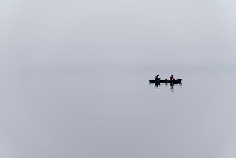 boat, lake, fog, minimalism, gray, HD wallpaper