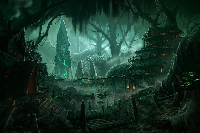 swamp village, village, tree, house, swamp, HD wallpaper