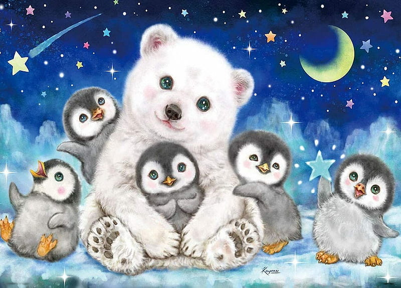 Warm Hug, penguins, night, stars, moon, painting, bear, HD wallpaper