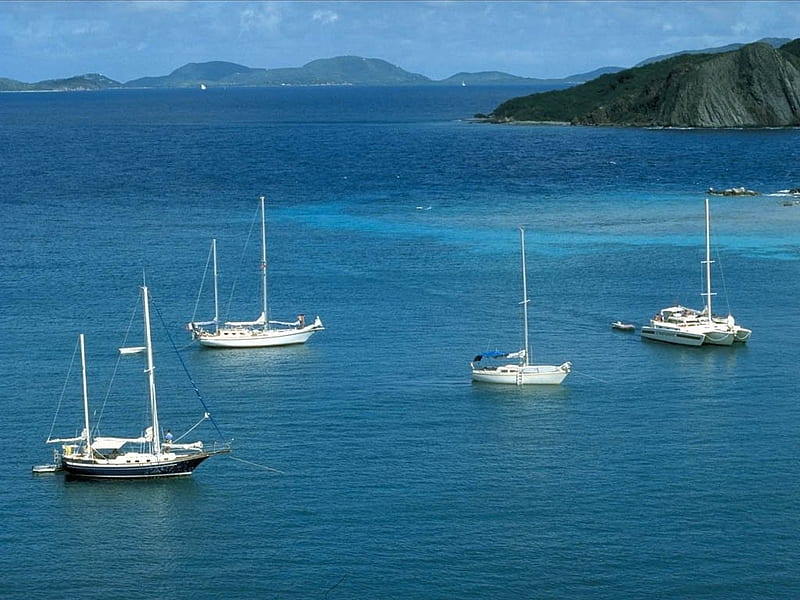 Life on the Water, calm, boats, masts, island, sea, blue, HD wallpaper