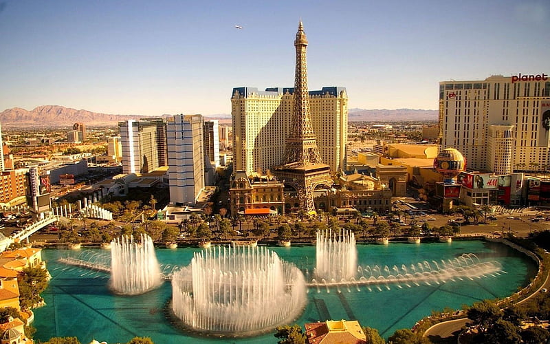 Las Vegas, USA, Fountain, Eiffel Tower, HD wallpaper
