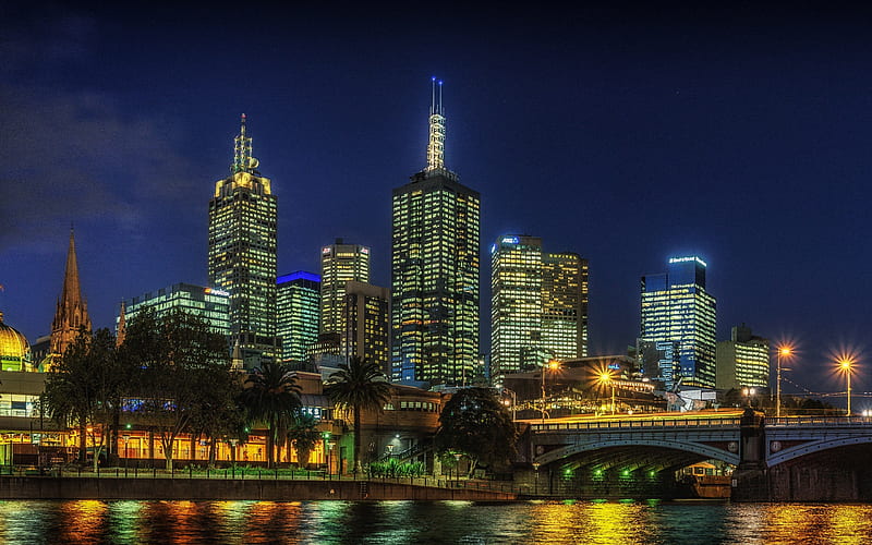 Melbourne, skyscrapers, night, city lights, modern architecture, Australia, HD wallpaper