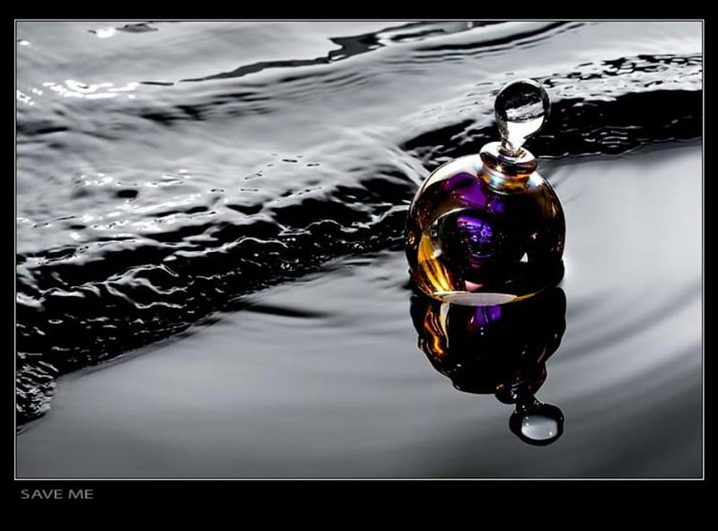 bottle of perfume, perfume, bottle, wtaer, violet, wave, HD wallpaper
