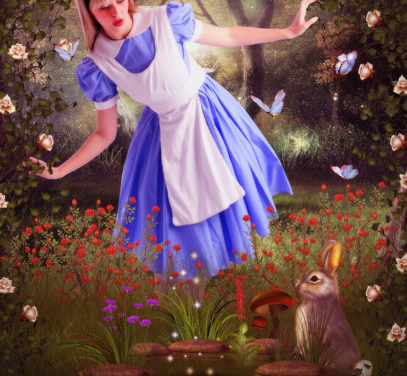 ✫Cute Rabbit Hole✫, rocks, pretty, women, fantasy, bright, flowers, lovely, models, creative pre-made, cute, cool, nut on leaf, dress, charm, mushroom, bow, bonito, digital art, hair, girls, animals, female, rabbit, snail, colors, butterflies, roses, mixed media, fine cone, plants, weird things people wear, backgrounds, bunny, HD wallpaper