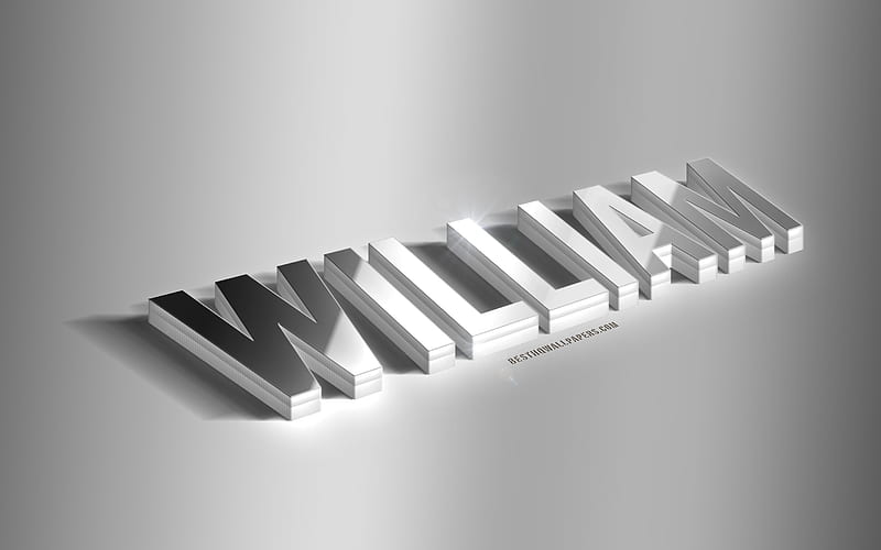 William, silver 3d art, gray background, with names, William name, William greeting card, 3d art, with William name, HD wallpaper