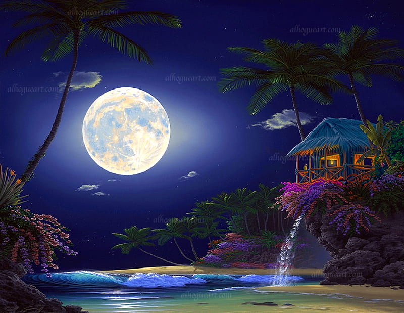 Tranquil dreams, shack, love four seasons, attractions in dreams, lagoon, paintings, beaches, summer, waterfall, moonlight, flowers, nature, tropical, HD wallpaper