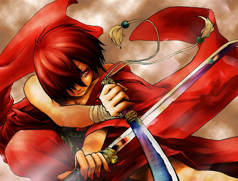 anime boy with red hair and sword