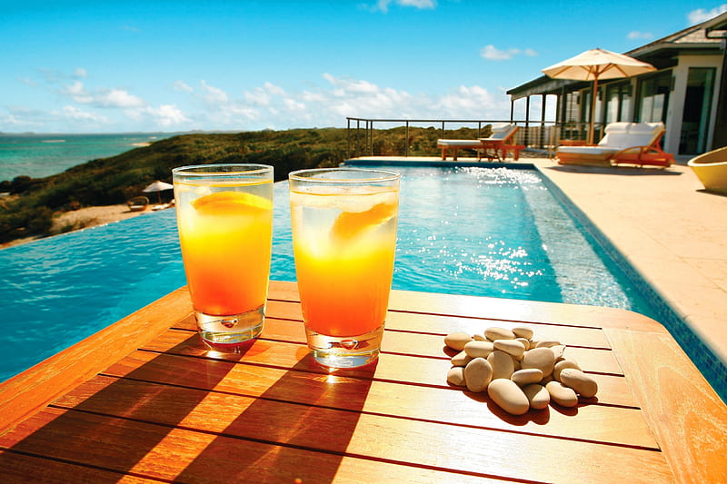 Cold Summer Drinks, house, shore, sun, orange, fruits, bungalow, cocktails, sea, beach, graphy, stones, SkyPhoenixX1, season, sunchairs, table, holiday, drinks, ocean, swimming pool, sky, abstract, pool, water, summer, sunshine, peach, sunloungers, coast, HD wallpaper
