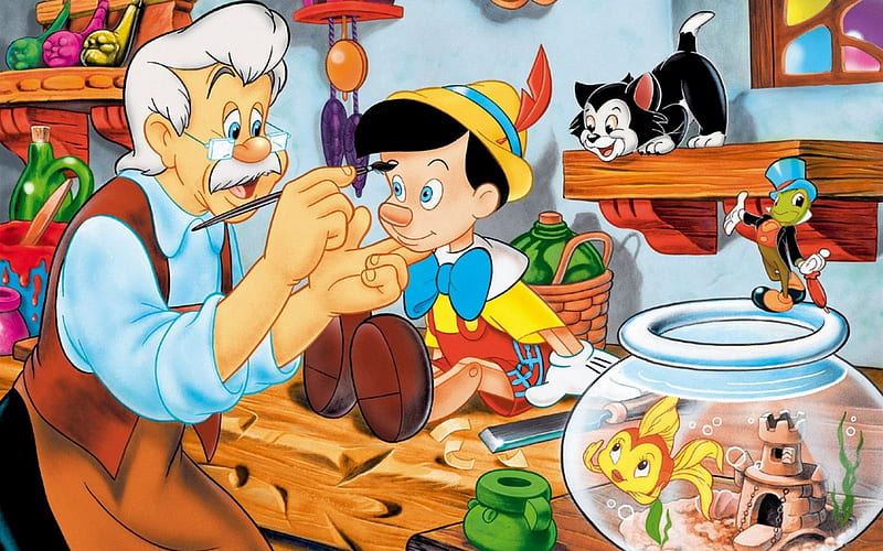 Pinocchio, figaro, movie, fish, man, cat, cute, fantasy, carpenter, anime, antonio, child, disney, HD wallpaper