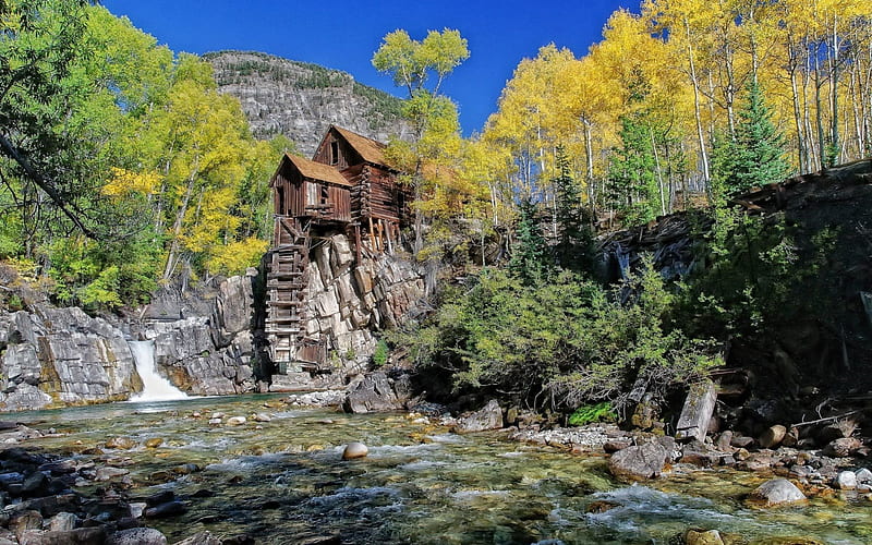 Cabin atop Mountain Creek, Mountains, Cabins, Streams, Forests, Creeks, Rivers, Nature, HD wallpaper