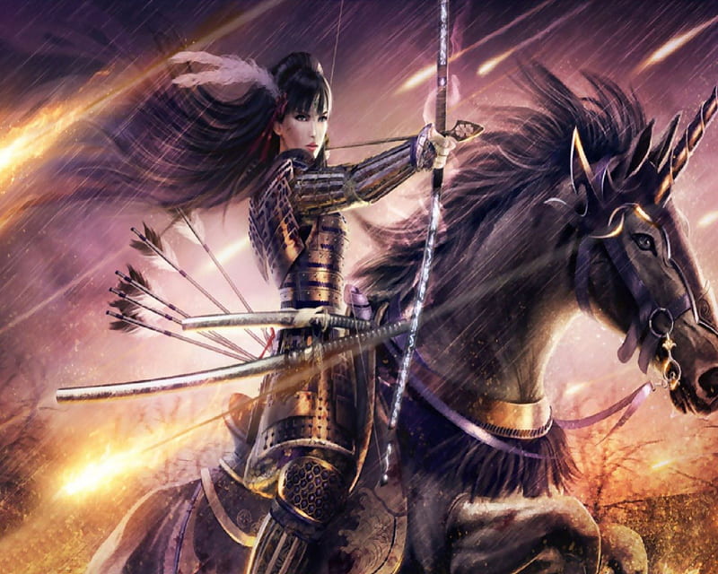 Archer On Horseback, Samurai, Horse, Arrows, Bow, Woman, HD wallpaper
