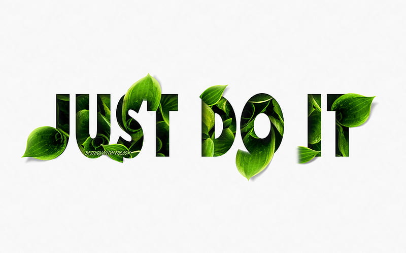 Just Do It, creative art, logo, motivation quote, inspiration, green leaves, eco concept, HD wallpaper