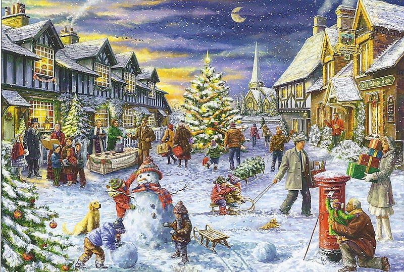 CHRISTMAS TOWN, TOWN, CHRISTMAS, SNOW, PEOPLE, DHRISTMAS, HD wallpaper