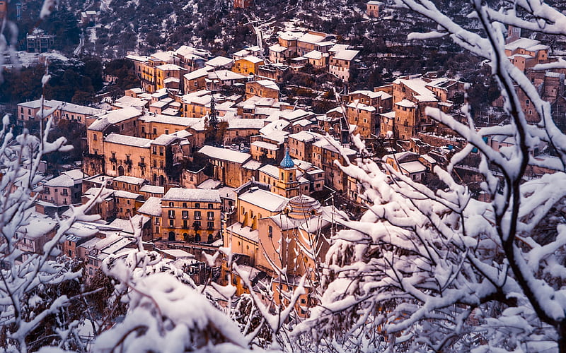 old city, winter, snow, Italy, mountains, HD wallpaper