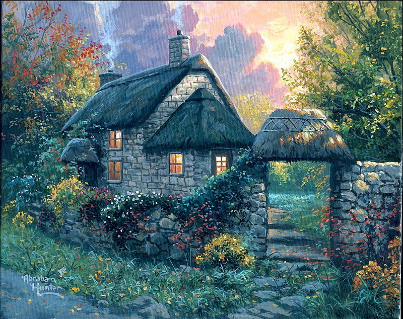 Happy Home, house, painting, garden, sunset, wall, trees, light, artwork, HD wallpaper