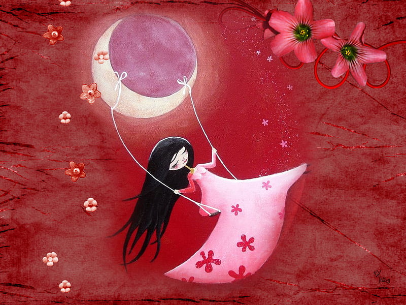 Moonlight swing, cute, moon, swing, halloween, flowers, moonlight, pink, HD wallpaper
