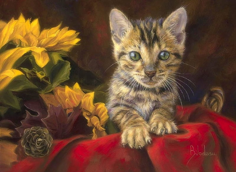 Little Darling, fall season, autumn, love four seasons, cute, paintings, flowers, kitten, cats, animals, HD wallpaper