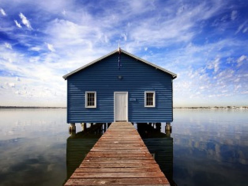 IN MIDDLE OF MOODY WATERS, water, house, sky, HD wallpaper