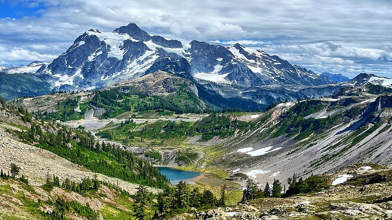 Mount Shuksan from Chain Lakes Loop, Washington, clouds, landscape, trees, sky, rocks, water, usa, HD wallpaper