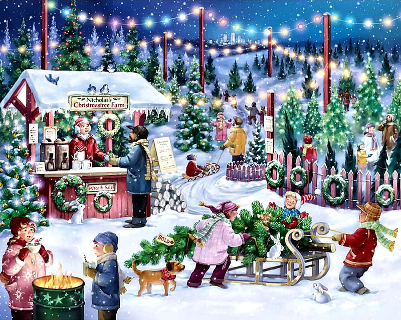 Christmas Tree Farm F, Christmas, art, holiday, December, bonito, illustration, artwork, winter, snow, painting, wide screen, occasion, scenery, HD wallpaper