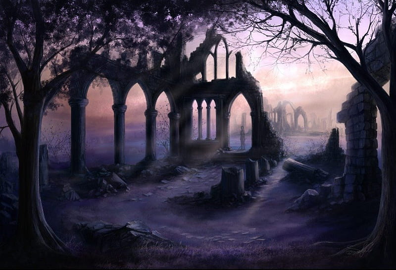 Ruins, fantasy, boy, dark, painting, evening, HD wallpaper | Peakpx