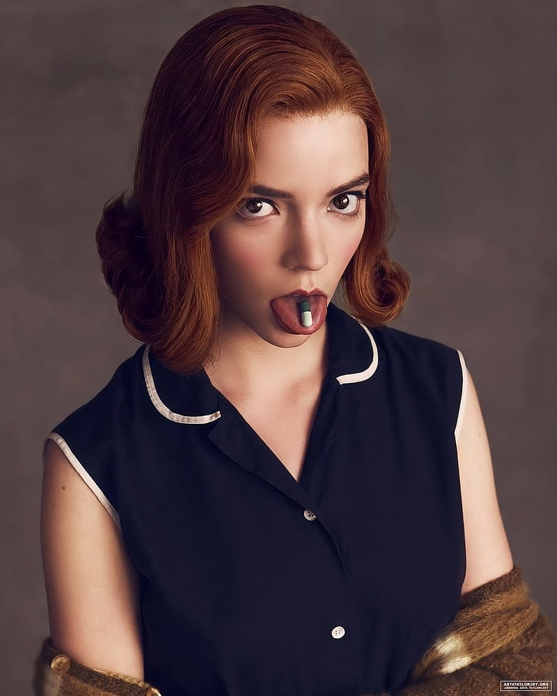 Anya Taylor-Joy , women, actress, redhead, short hair, The Queen's Gambit, pills, TV Series, simple background, tongue out, HD phone wallpaper