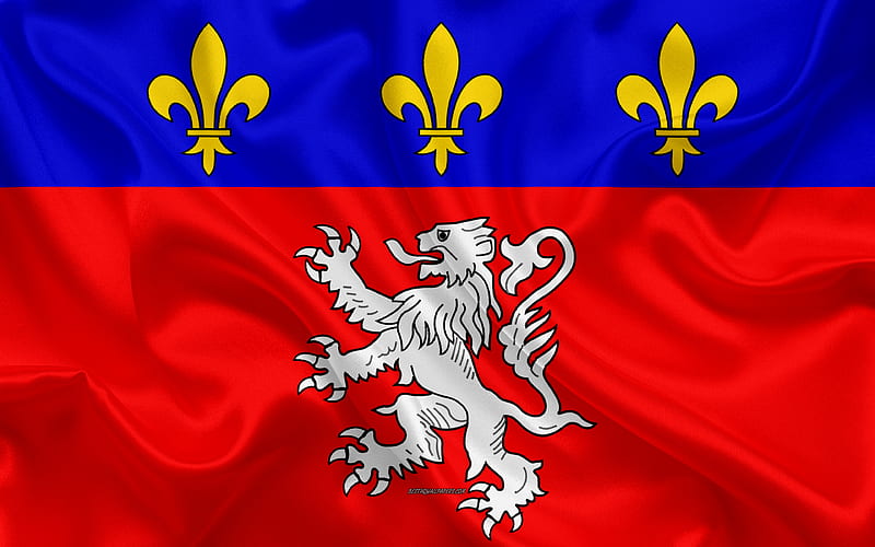 Flag of Lyonnais silk texture, Lyonnais Flag, red blue silk flag, coat of arms, French city, Lyonnais, France, symbols, HD wallpaper