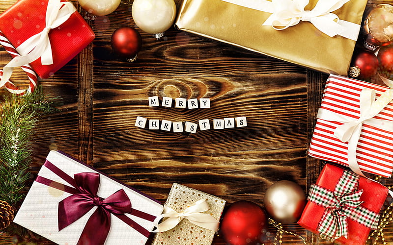 Merry Christmas, frame, gifts, New Year, wooden background, congratulations, silk bows, Christmas, HD wallpaper
