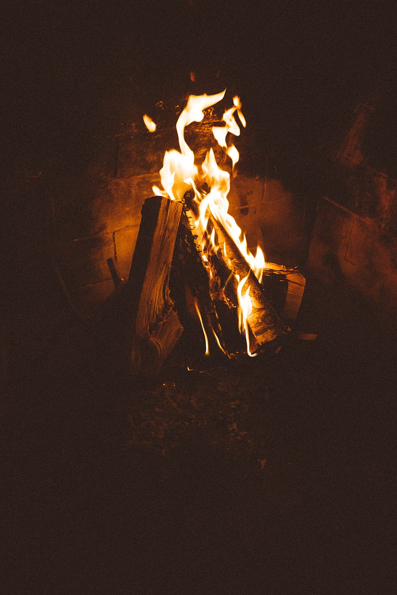 fireplace, fire, flame, wood, dark, HD phone wallpaper