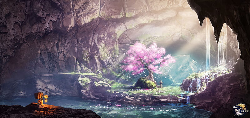 fantasy landscape, scenery, waterfall, sakura tree, cave, Fantasy, HD wallpaper