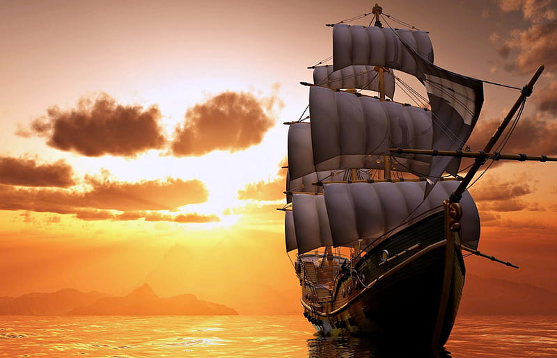 Tallship at Sunset, Water, Ships, Sunset, Digital, HD wallpaper