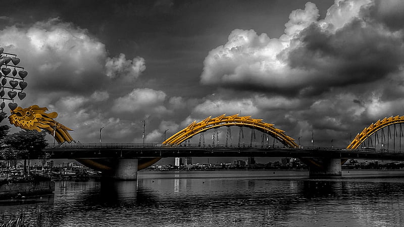 Dragon bridge, black, white, yellow, HD wallpaper