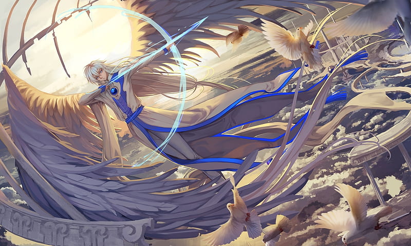 Angel, wings, pasare, manga, man, card captor sakura, bird, ana bi, anim e, dove, white, blue, HD wallpaper