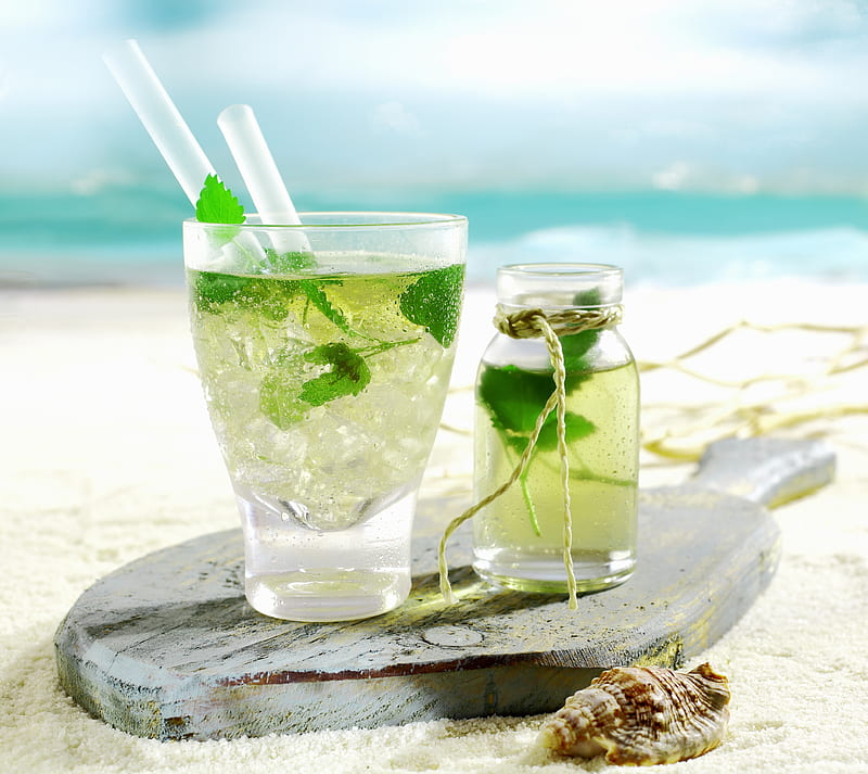 Cocktail, beach, cup, drinks, drops, ice, sand, sky, HD wallpaper