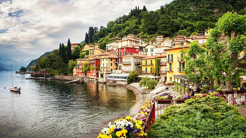 Lake Como, Italy, village, clouds, trees, nature, sky, water, mountains, HD wallpaper