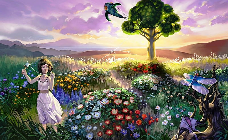 Kite Flight, tree, sun, girl, flowers, artwork, landscape, HD wallpaper