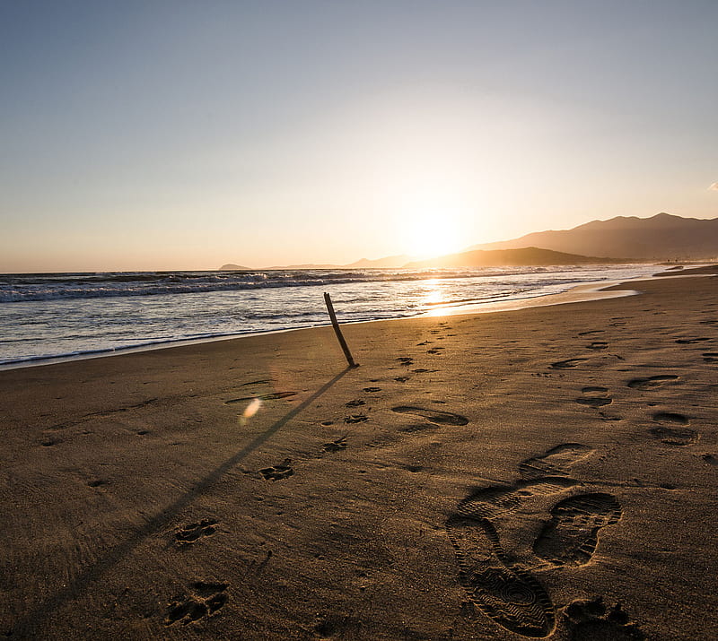 beach, bonito, footsteps, nice, sea, sunrise, HD wallpaper