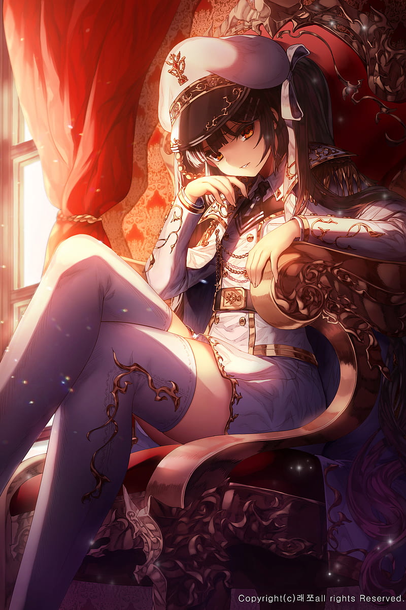 anime, anime girls, hat, stockings, legs crossed, HD mobile wallpaper