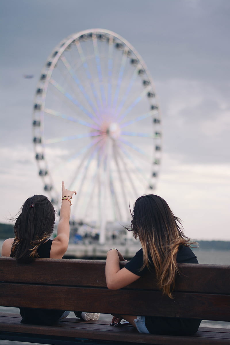 two women sitting on bench pointing white and blue Ferris wheel, HD phone wallpaper