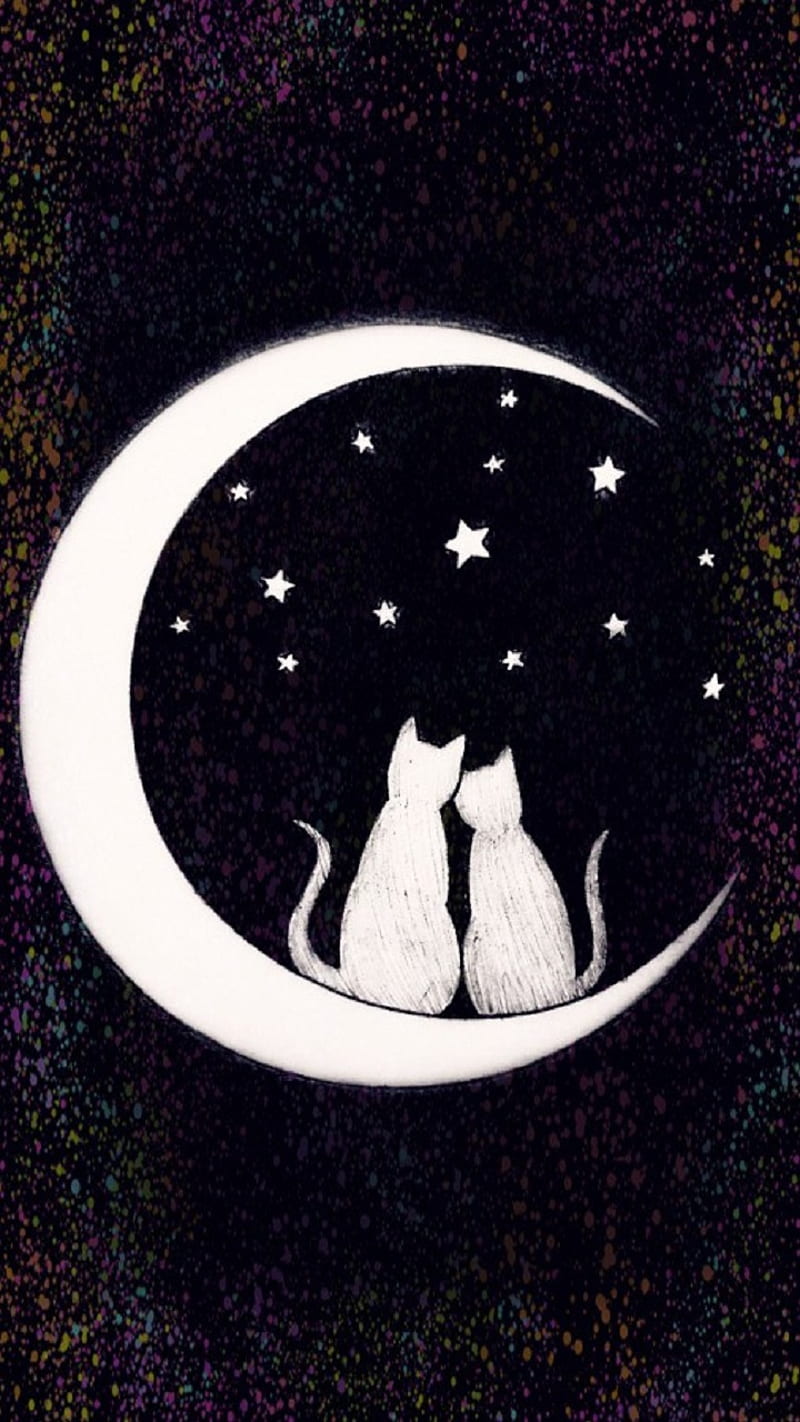 Moon Cats Love, art, cat, celestial, couple, crescent, cuddle, dark, drawn, feline, hug, kitties, kitty, moon, magic, night, skies, sky, starry, stars, HD phone wallpaper
