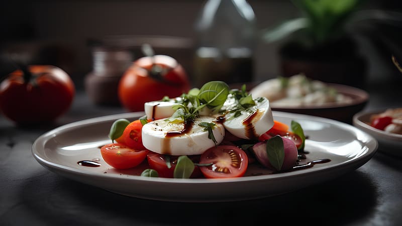 Salad with tomatoes, Meal, Salad, Cheese, Basil, Dish, HD wallpaper