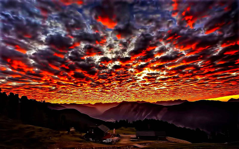 burning clouds, fire, lodge, mountains, sunset, clouds, sky, HD wallpaper