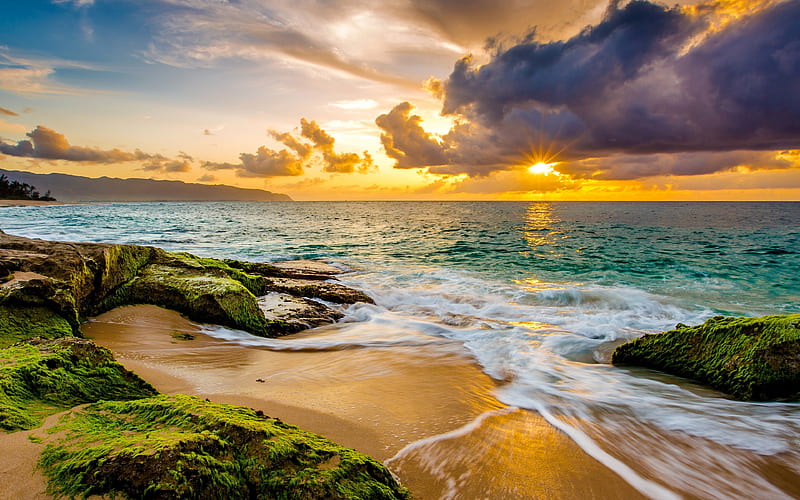 Hawaii ocean, beach, coast, sunset, America, USA, HD wallpaper